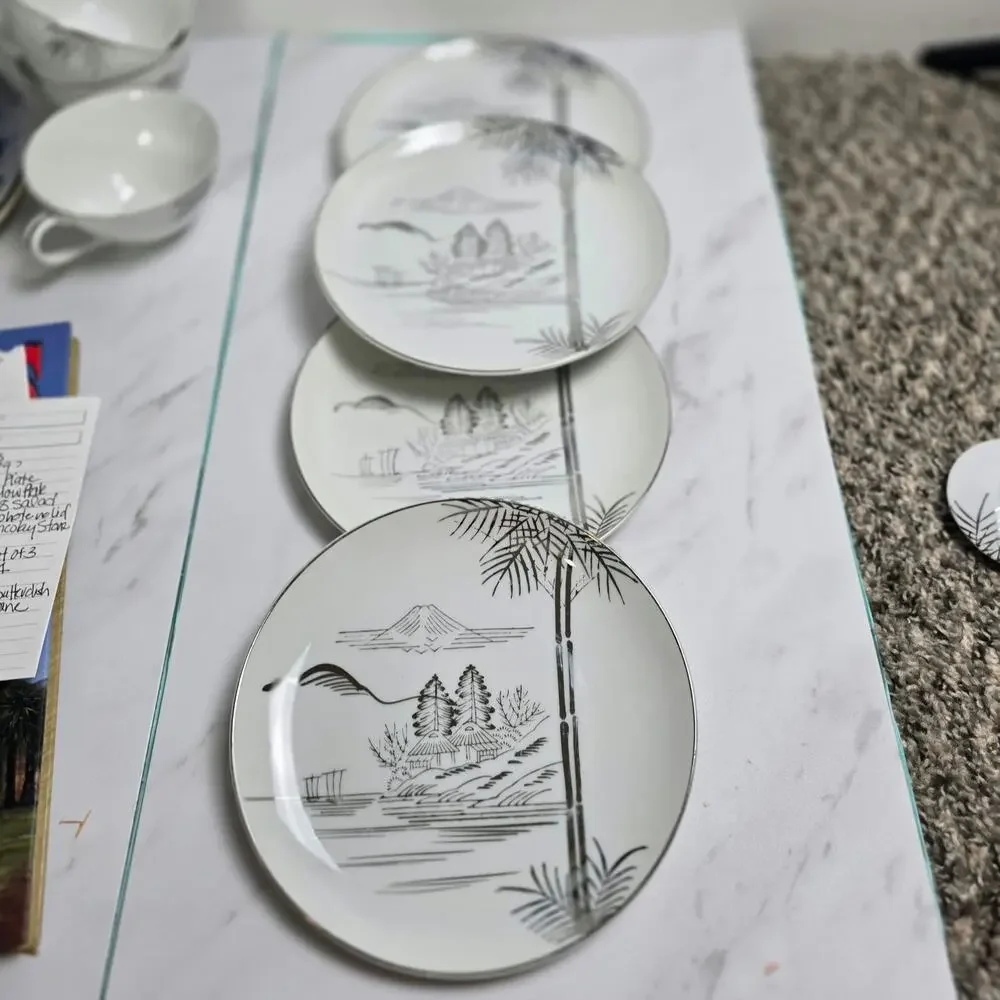 Vintage Meiyo China Nippon 1940s Silver Lithopane set of 4 plates 7 inch